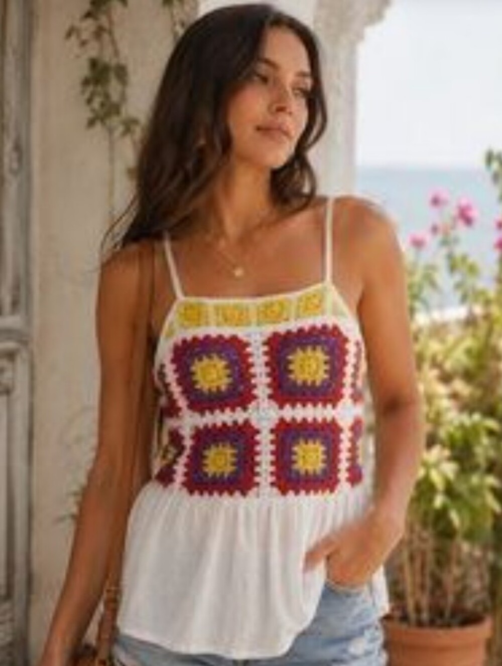 Maurices Boho Crochet Panel Gauzy Tank Top